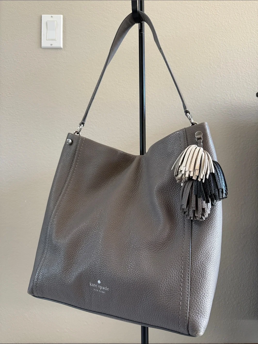 kate spade Gray Pebbled Leather Shoulder Hobo with Tassel